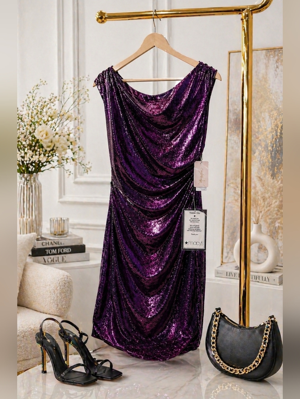 Purple Metallic Ruched Bodycon Dress Size Large NWT | Evening Party Dress